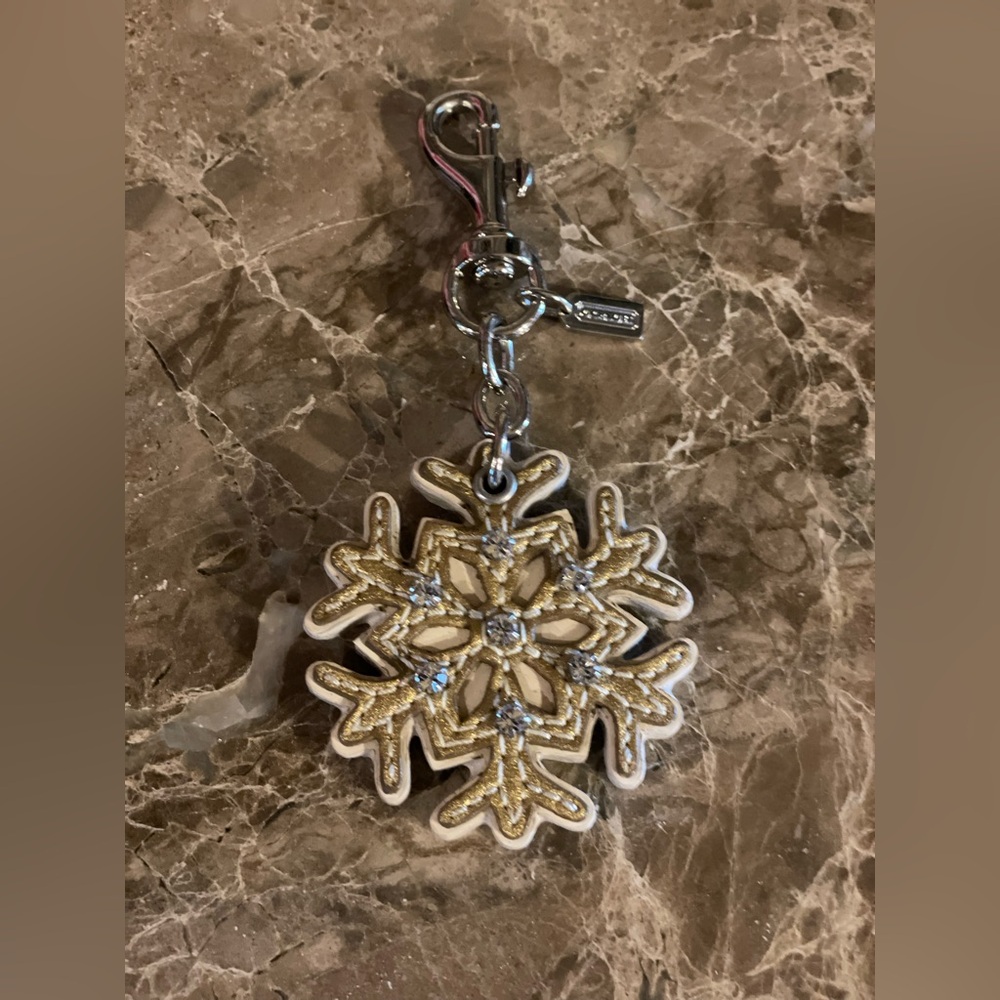 COACH Leather Gold & Silver Snowflake W/Rhinestone Accents Key Fob Bag Charm